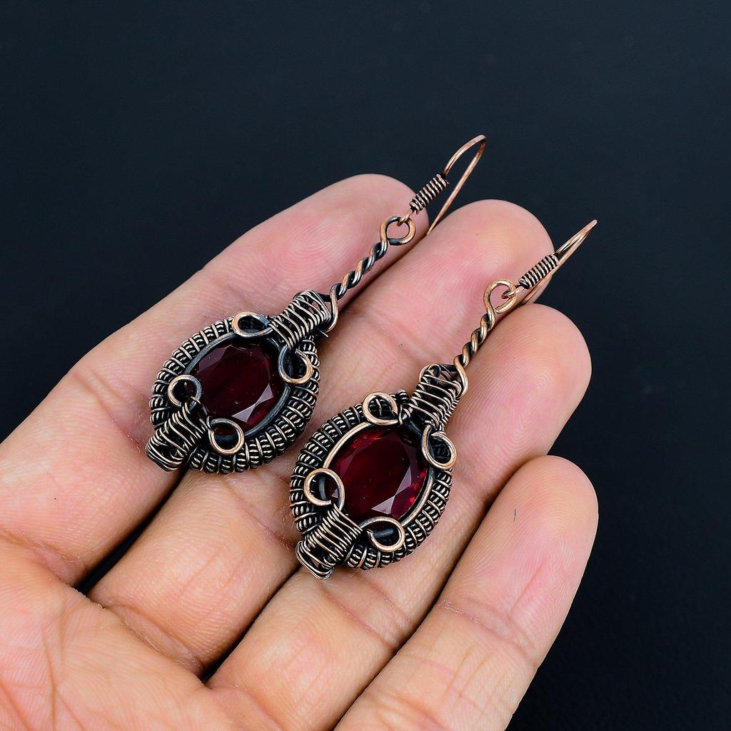 Red Garnet Jewelry, 999 Copper Wire Wrapped Earrings, Handmade Gemstone Jewelry Earrings For Memorial Day