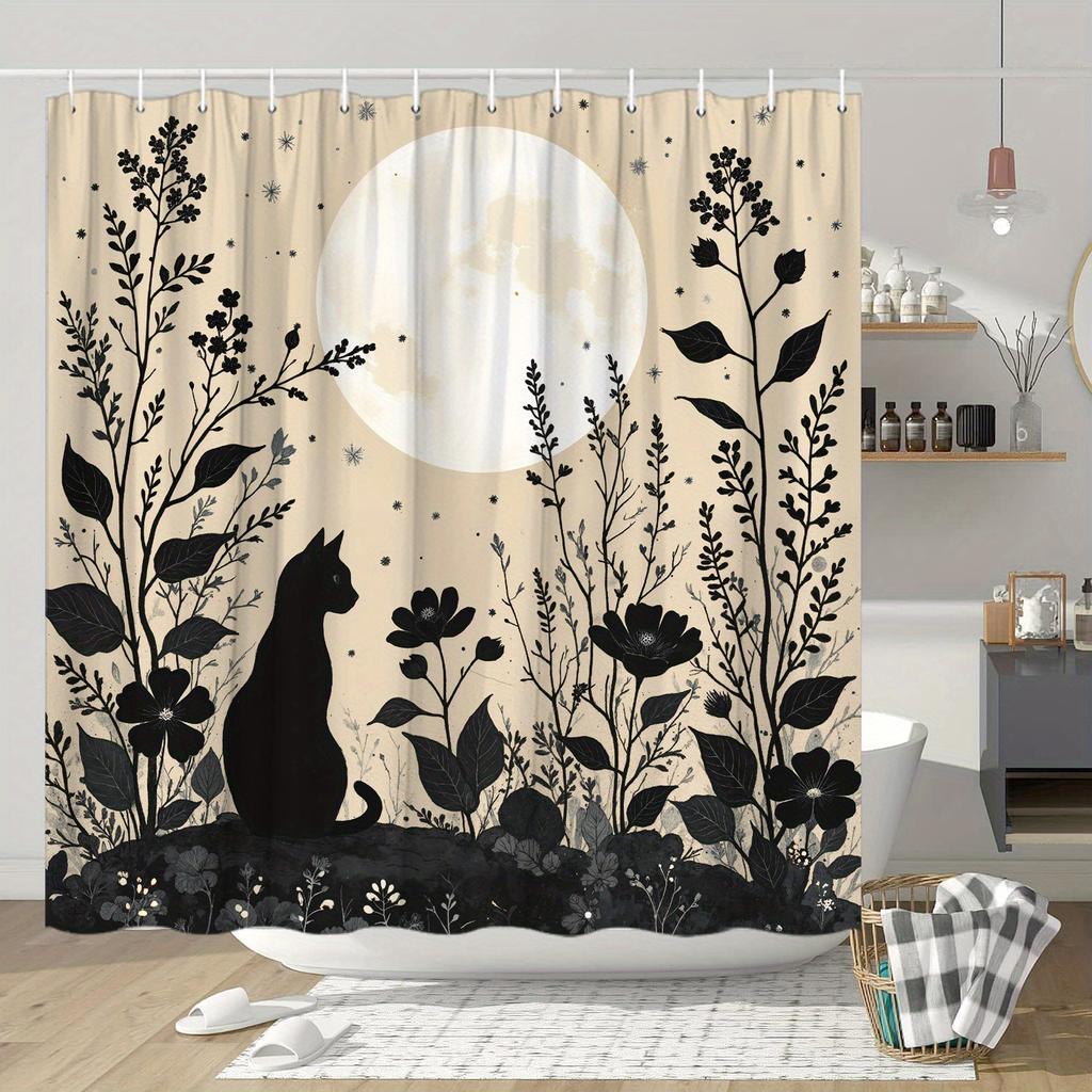 "1pc Black Cat Silhouette Shower Curtain - Floral Full Moon Design, Modern Bath Decor, Home Decoration