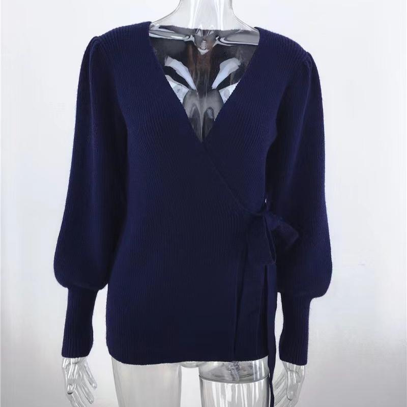 IHUASU Autumn and Winter Tie Temperament Commuter V-neck Jumper Women's Loose Large Size Fashion Knitted Cardigan