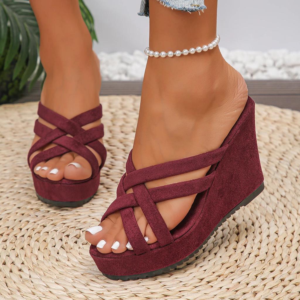Fashion Casual Suede Cross Strap Slip On Sandals Women 2025 Summer Chunky Platform Wedge Heel Slides Classic Super High Heel Slippers