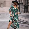 Elegant Women Long Sleeve V-neck Chiffon Dress High Waist A-Line Knee Length Autumn Winter Print