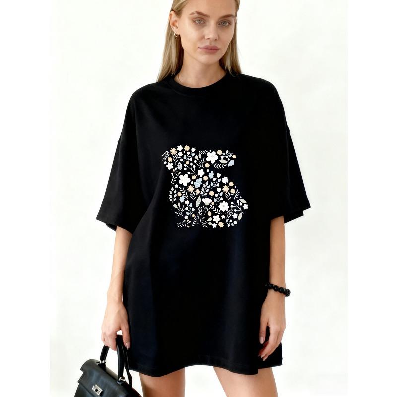 

Oversized T Shirt Dress Black Floral Pattern Print Casual Streetwear Outfit For Women XXXXL чорний