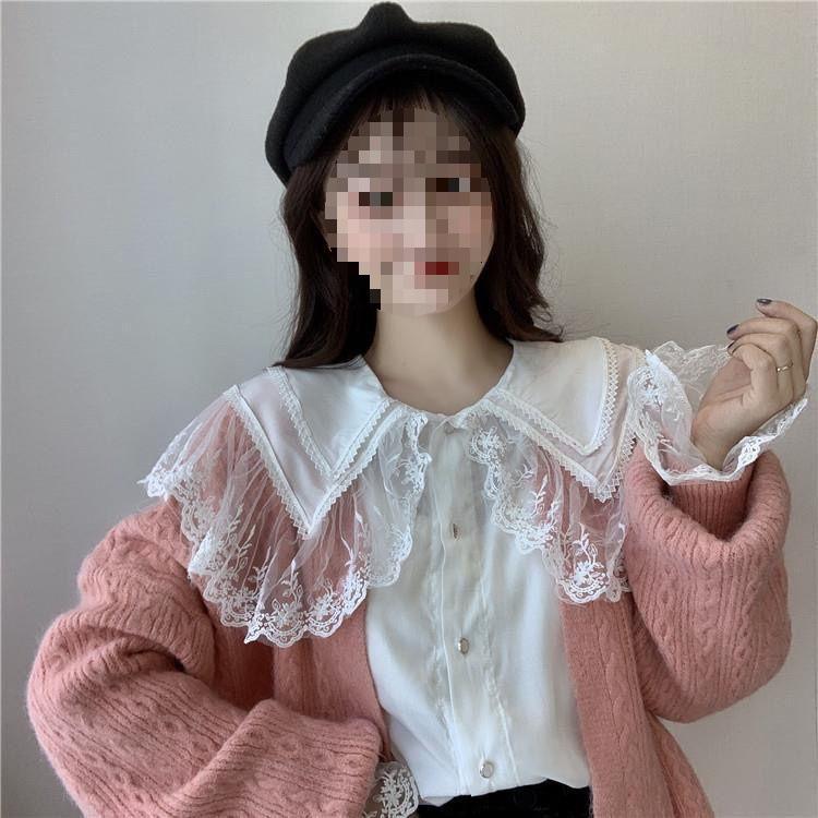 Long-Sleeve Lace Doll-Collar Shirt - Korean Fashion, Autum