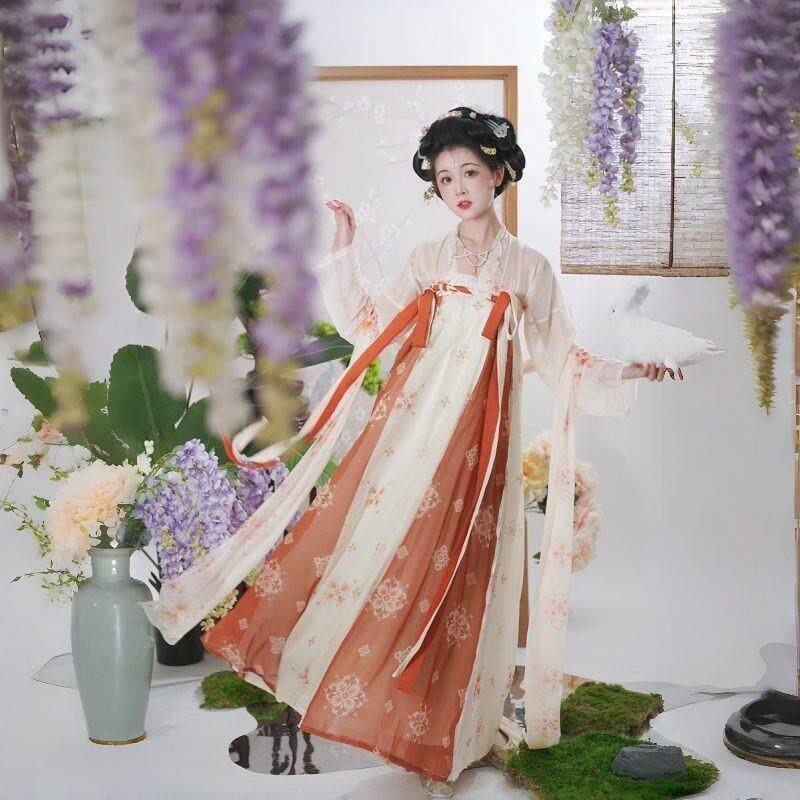 Women's Traditional Chinese Hanfu Set, Tang Dynasty Chest-high Ruqun Floral Printed Daily Wear Ancient Style Full Outfit