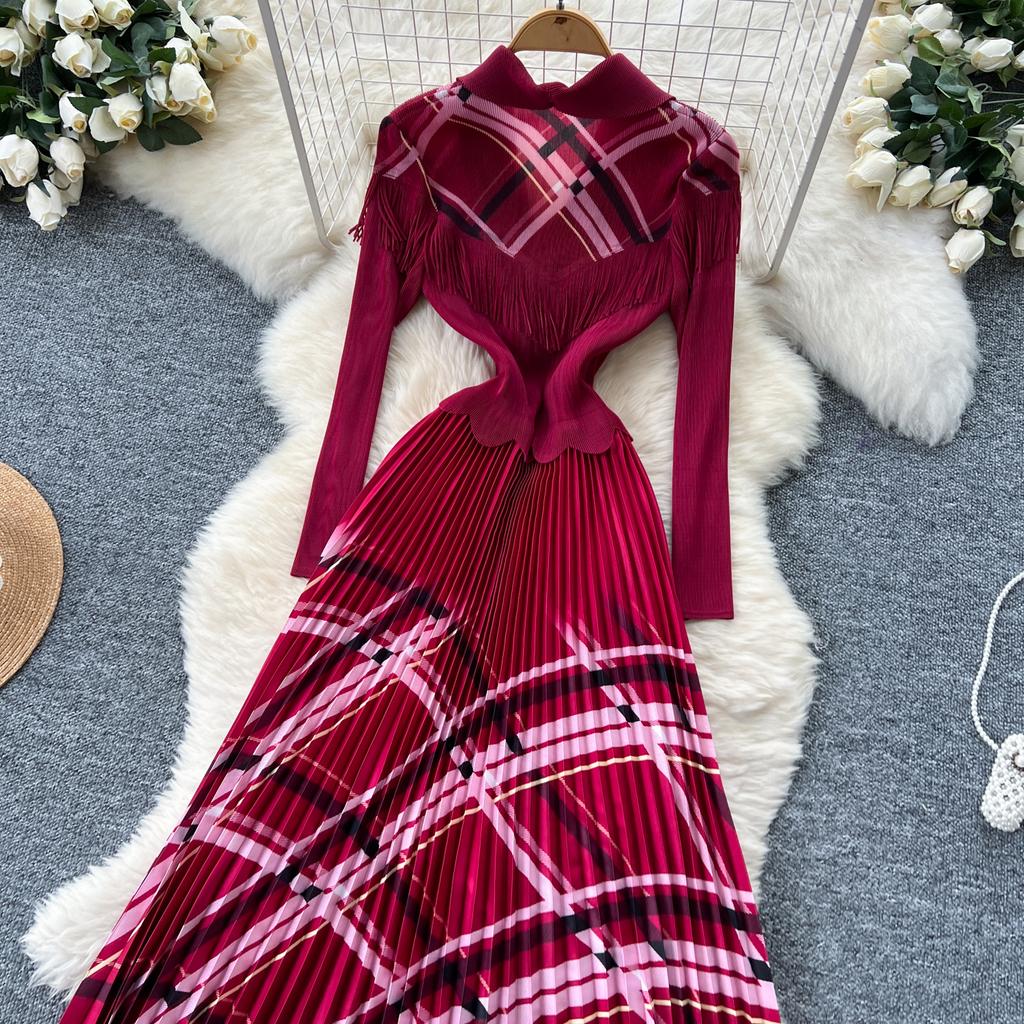 Spring Autumn Women Elegant Blazer Collar Double Breasted Print Office Party Long Maxi Pleated Dresses