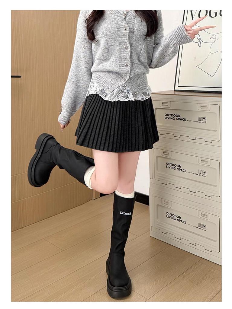 2026 New Petite Women's Grey Woolen A-line Pleated Short Skirt - Fluffy & Slimming Spring Style