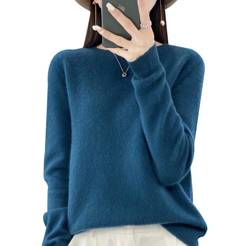 Women's Pure Wool Loose Knit Cashmere Sweater - Round Neck, Long Sleeve, Soft Base Layer for Autumn/Winter