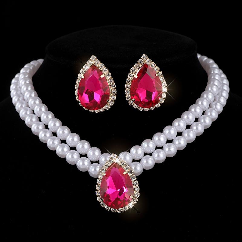 Pearl choker collarbone chain water drop bride multi-layer imitation pearl rhinestone necklace stud earrings set for women