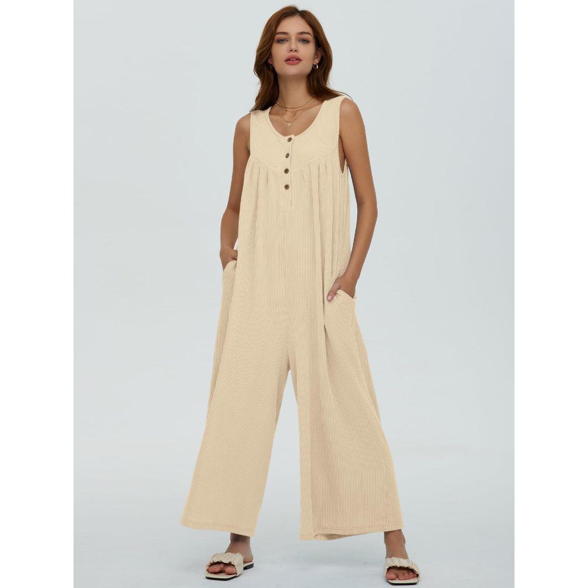 

Women s Solid Color Sleeveless Casual Jumpsuit with Pockets and Suspenders Clothes Sale S абрикосовый