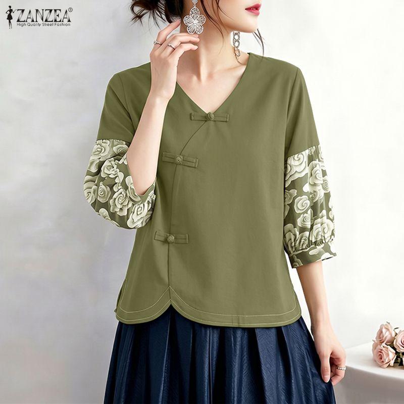 ZANZEA Women Casual Round Neck Floral Print Short Sleeve Loose Blouse