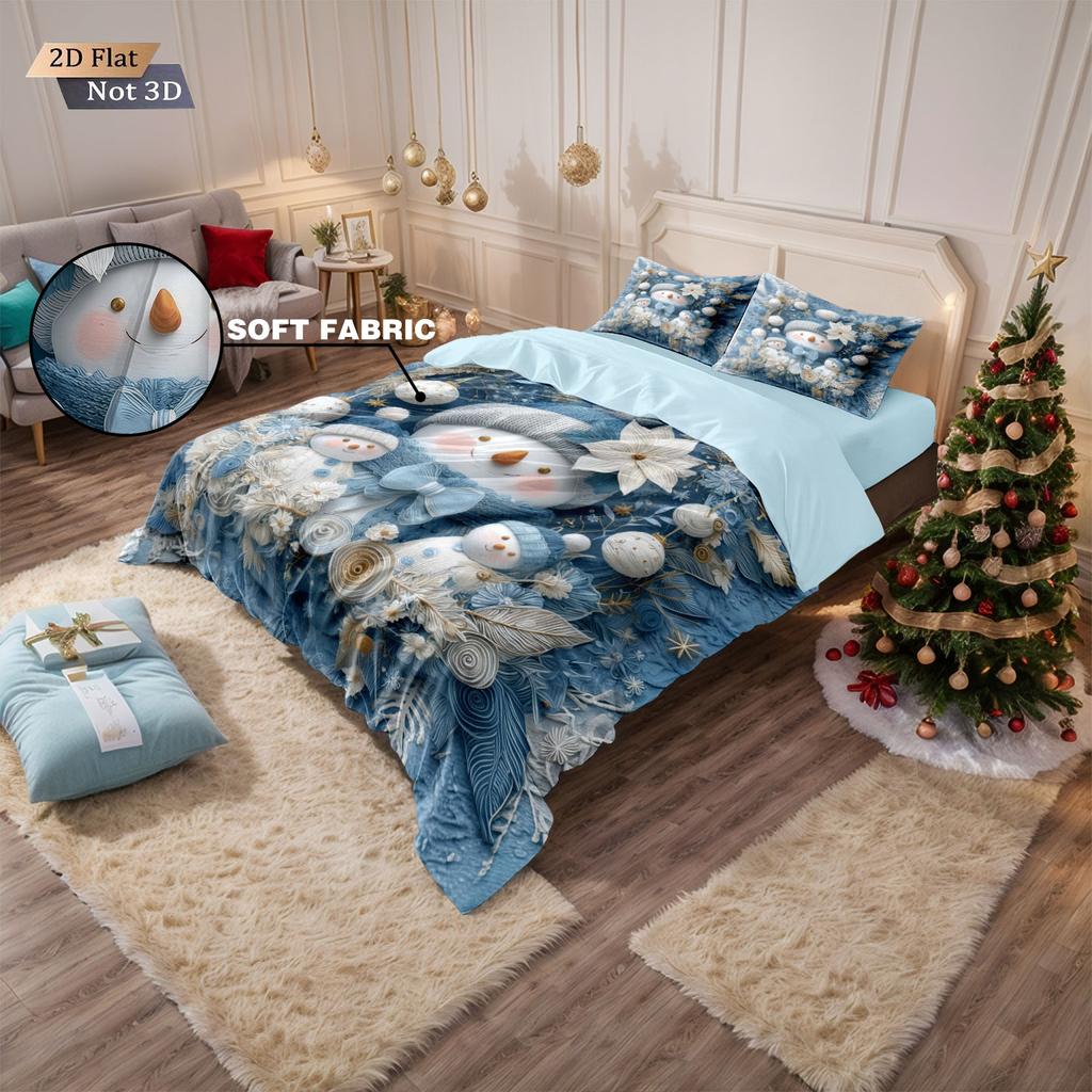 3pcs Blue Merry Christmas Cartoon Snowman Print Coreless Bedding Set Multi Size Bedding Decoration Comfortable Machine Washable