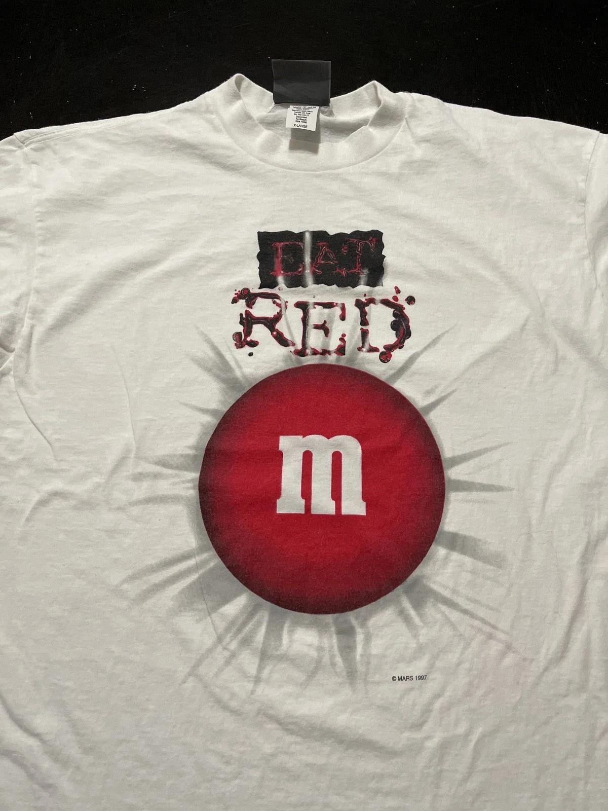 

Vintage 1997 M&M Studios Eat Red 100% Cotton T-shirt Mens Tees Top, White, Size: XL M