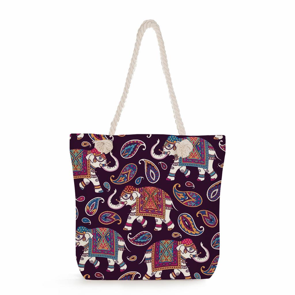 Multifunctional  Flower Printed Thick Rope Shoulder Beach Bag 7588