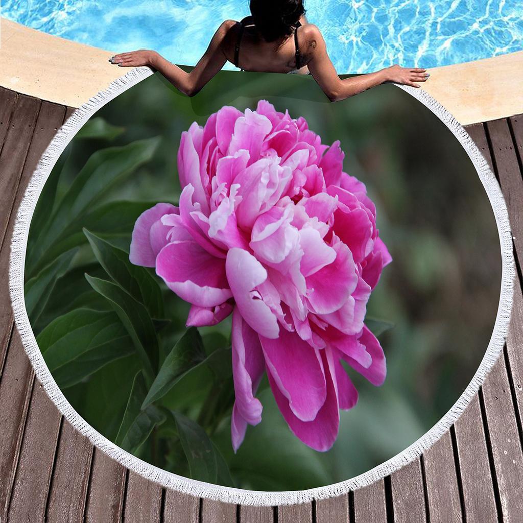 Botanical Peony Floral Round Beach Towel,Microfiber Sand Resistant Beach Blanket,Soft Absorbent Quick Dry Pool Towel Picnic Mat