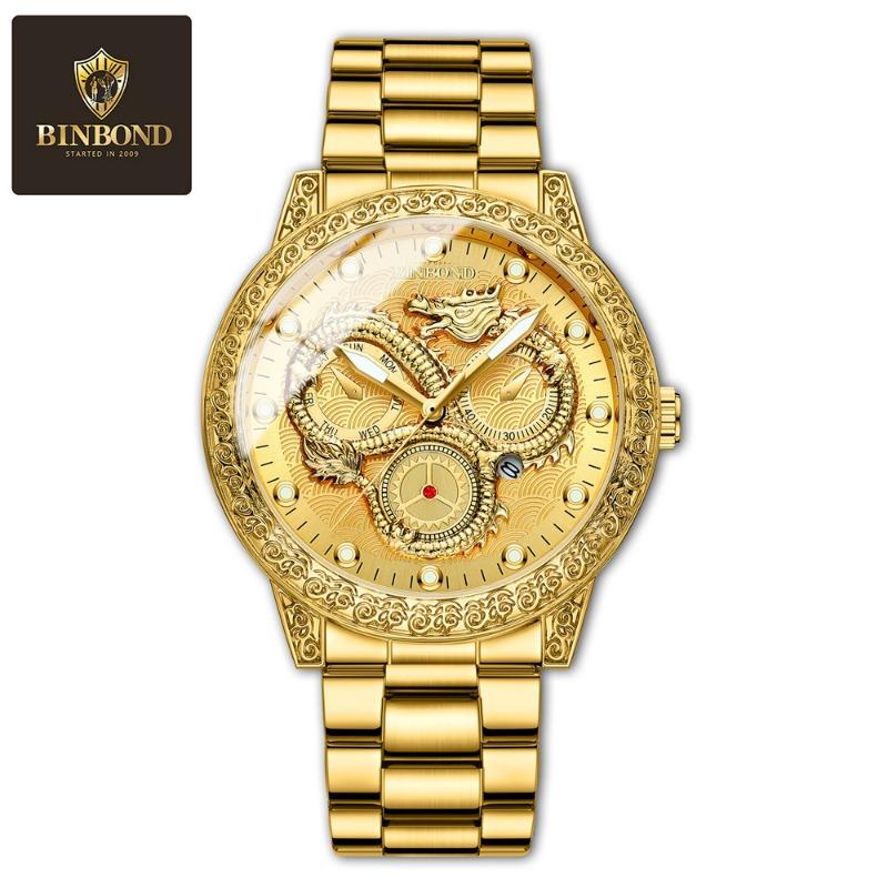 Top-Marke Dragon Watch Explosive Goldene Reliefuhr Herrenuhr Herren Drei-Augen Drache Leuchtend Wasserdicht Quarz-Uhr