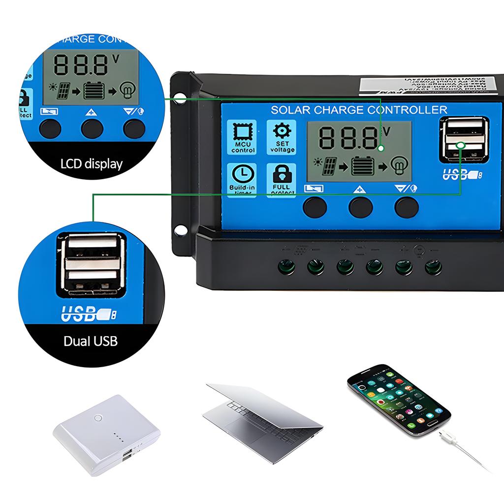 Solar Charge and Discharge Controller LCD Display Dual USB Automatic Solar Panel Charger Regulator 5V-24V Voltage Regulator