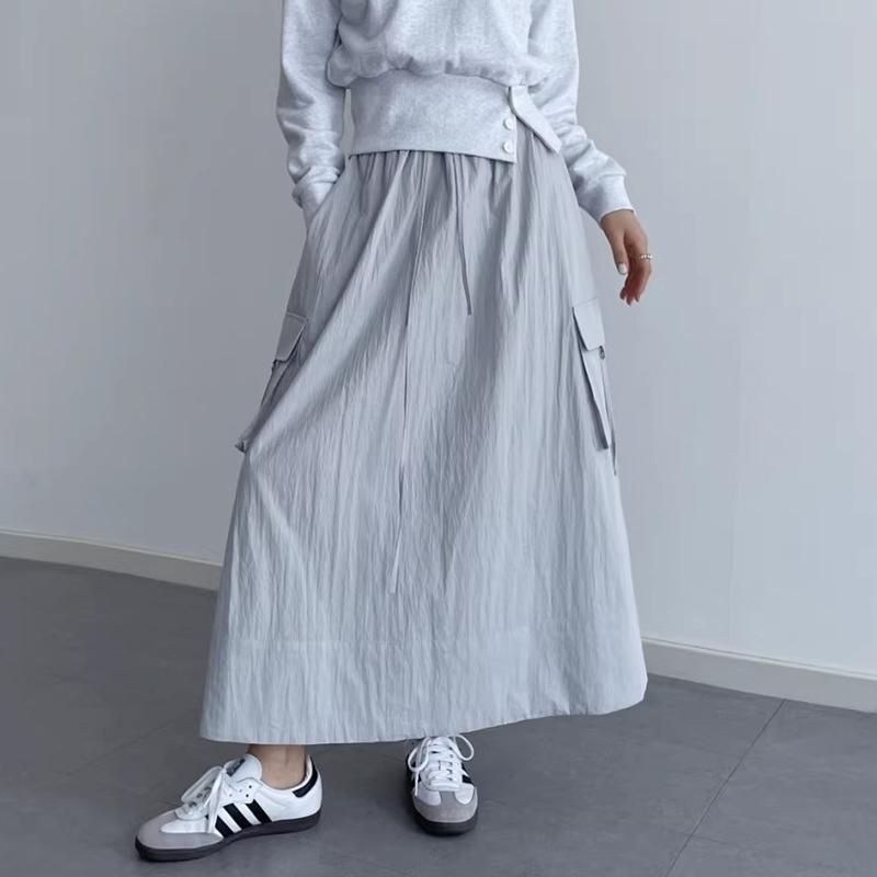 Sør-Korea elegant vårfarget retro allsidig elastisk midje snøring med store lommer design løst avslappet cargoskjørt for kvinner