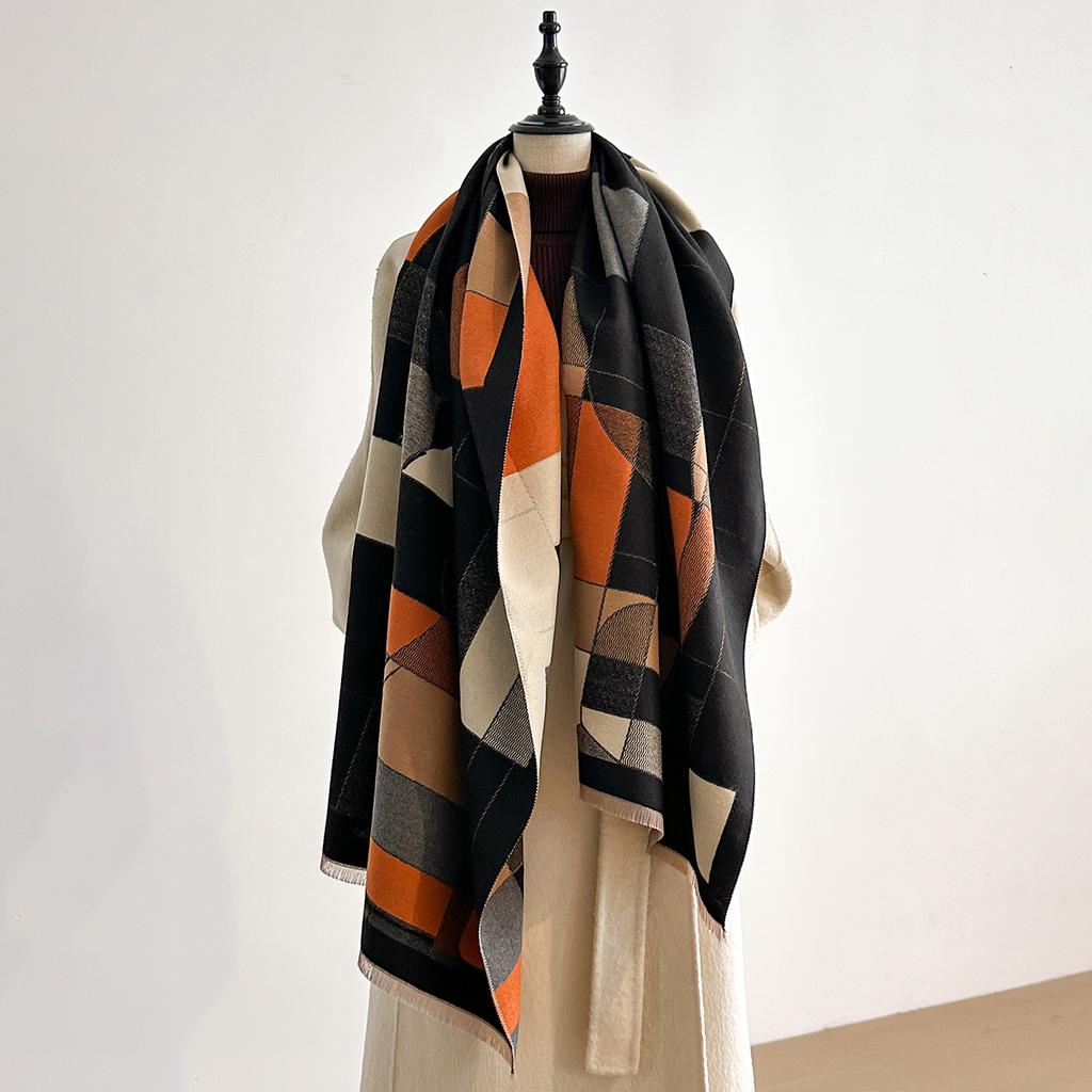 Luxuriöser Winterschal für Damen Faux-Kaschmir Warm Geometrischer Katzen-Print Pashmina Dick Weich Stola Wickeltuch Damenmarke Foulard Bufanda