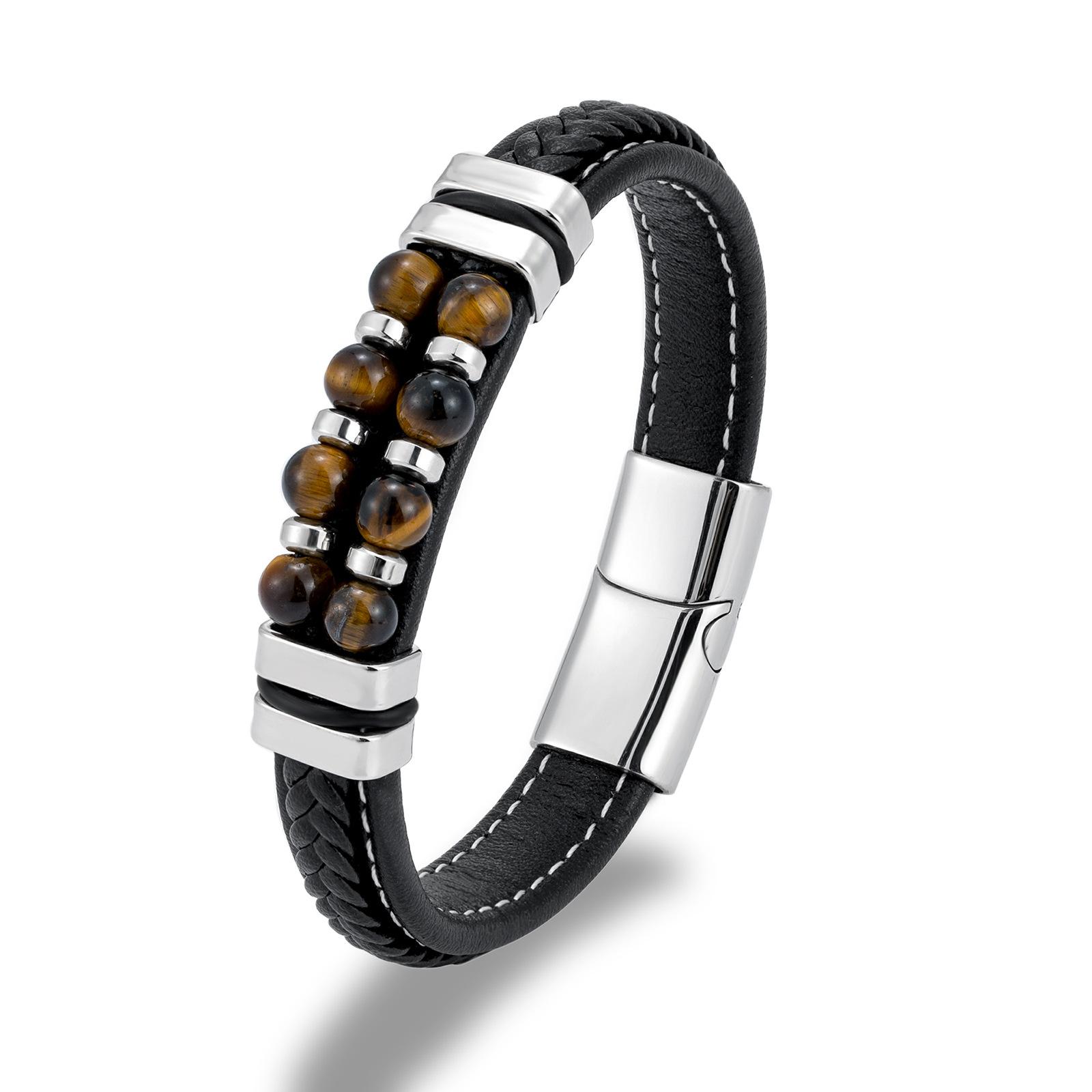 

Trendy Cool Multi Colored Natural Stone Bracelet Black Leather Rope Contrasting Colors Instagram Versatile Internet Famous Niche Design Accessory