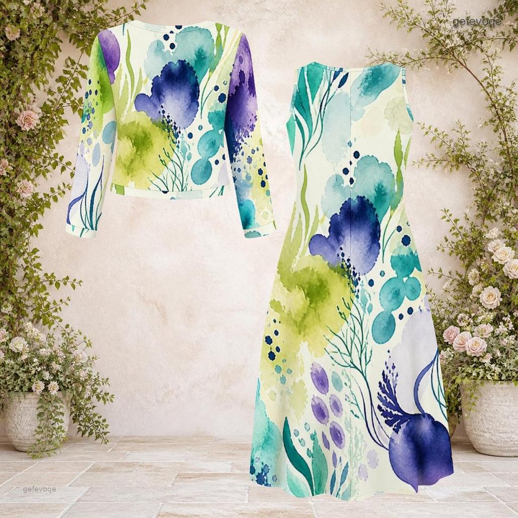Women Plus Size Abstract Printed Two Piece Set Round Neck Long Sleeve Cropped Cardigan Sleeveless Midi Dress