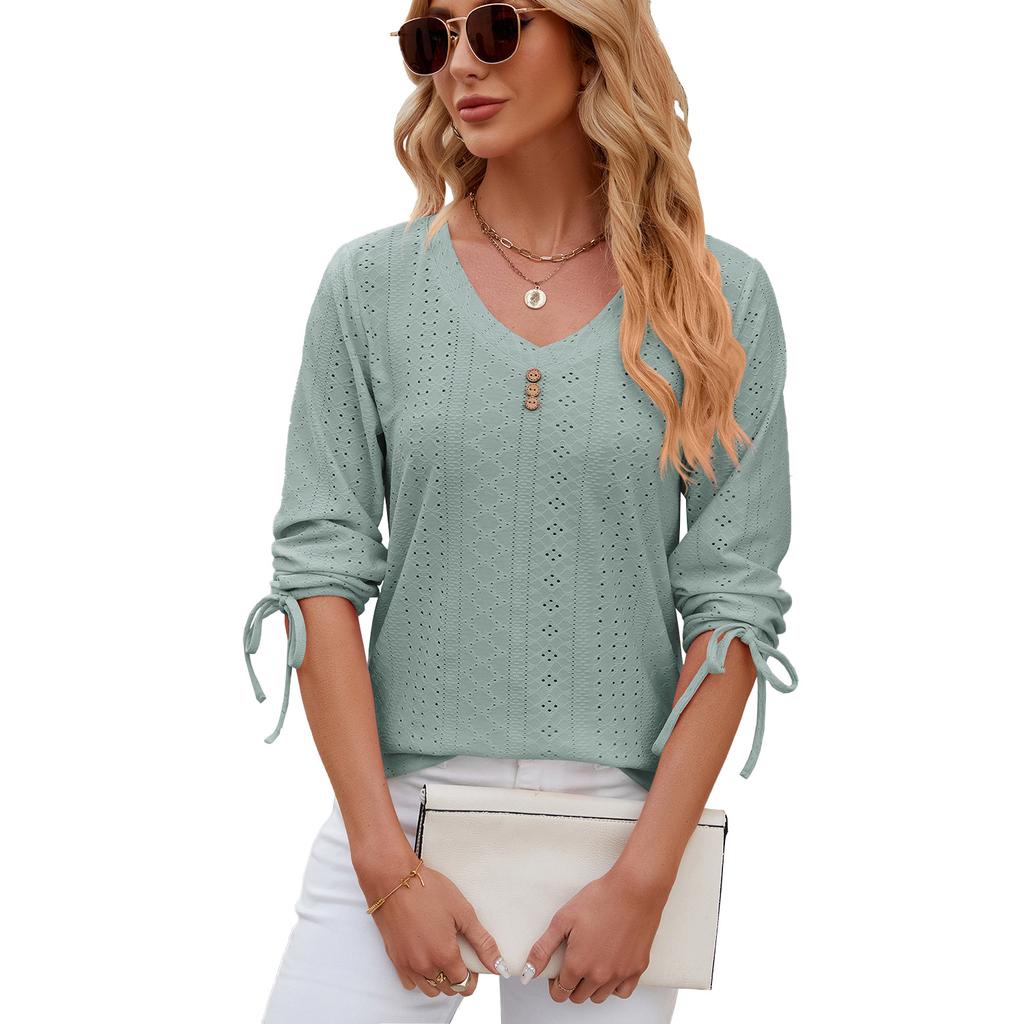 Europe, America spring and summer new button V-neck solid color medium sleeve loose T-shirt top women's clothing