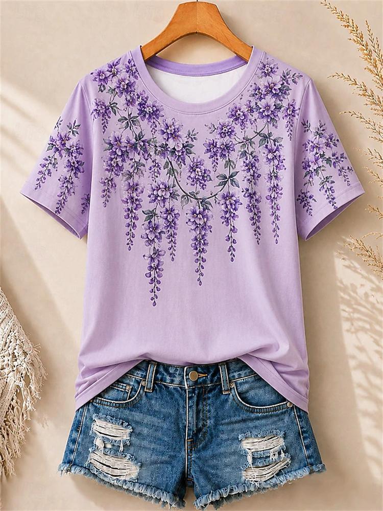 Women's Simple and Versatile Casual Short-Sleeve Floral Print Round-Neck Elegant T-Shirt Stylish Loose-Fitting Women's Top