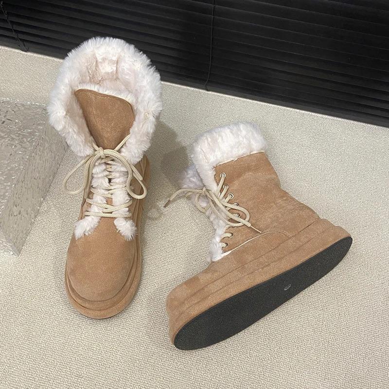 Women Fur Snow Boots Flats Platform Warm Cottom Shoes Winter Trend Sneaker Casual Running Shoes Lace Up Chelsea Boots Mujer