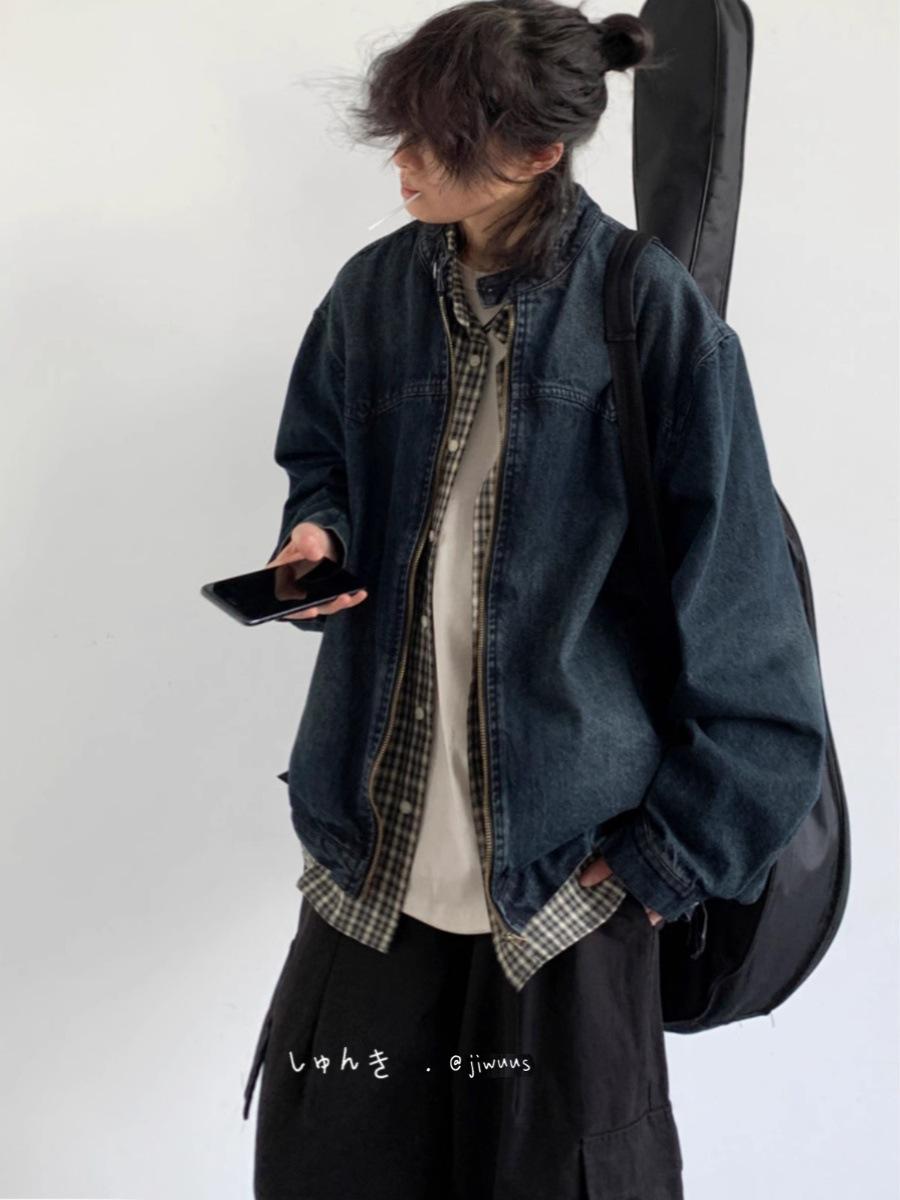 

Spring & Autumn Men s Japanese Retro Distressed Denim Jacket - Casual, Loose Fit for Couples 2XL глибокий/синій