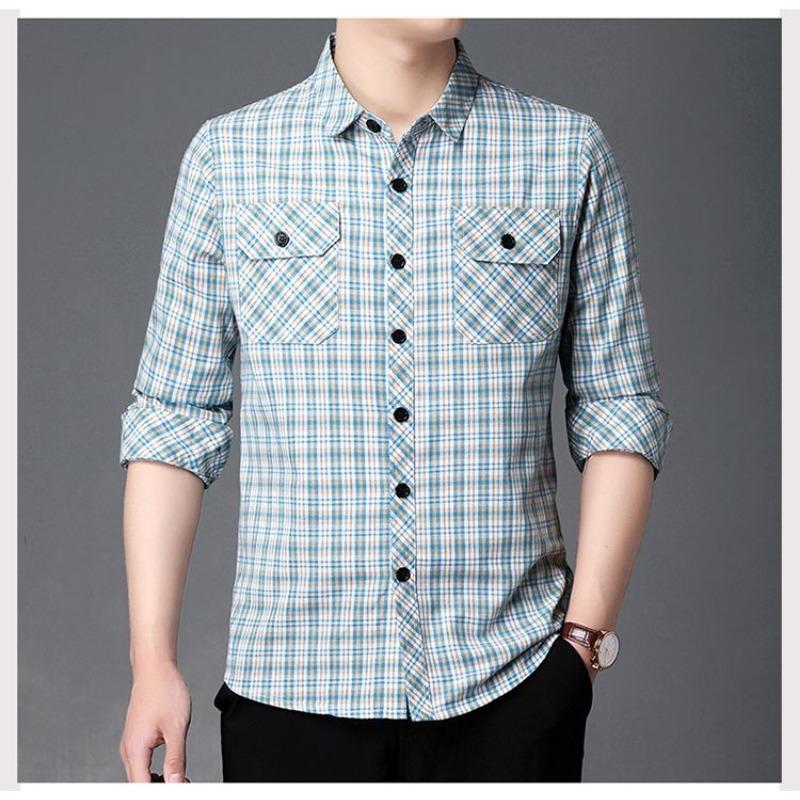 

Men s Plaid Cotton-Linen Long Sleeve Shirt Casual Button-Down Top with Pockets 2. L синій