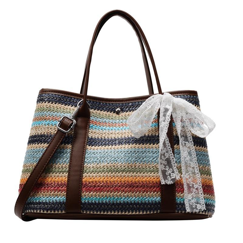 

Spring and summer popular Korean style ins rainbow straw woven portable bucket bag temperament versatile casual vacation messenger bag bag women разноцветный