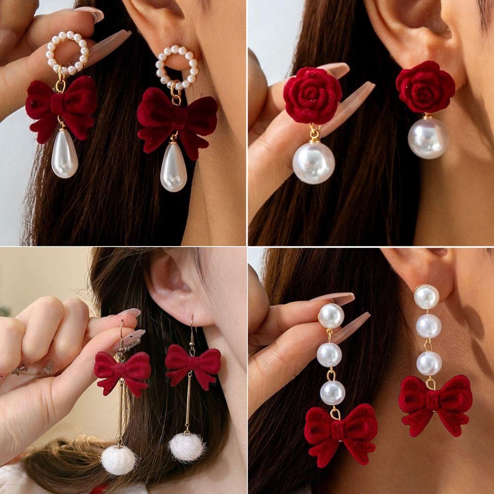 Bowknot Wine Red Bow Drop Earrings Pearl New Year Earrings Elegant Red Velvet Bow Earrings Girl