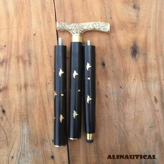 Victorian Walking Stick Wooden Cane Antique Brass Solid Head Handle Vintage Gift