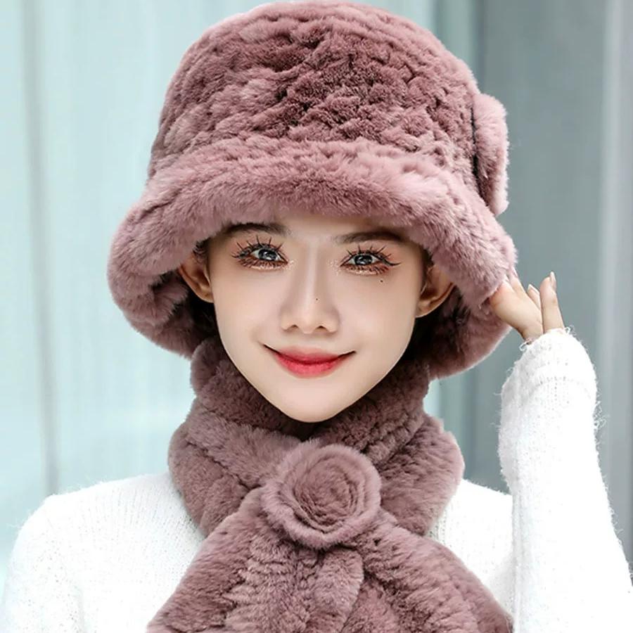 Middle-aged and Elderly Rex Rabbit Hair Hat, Scarf Set, Women's Winter Old Lady Two-piece Set, Women's Mother and Grandmother Thermal Hat