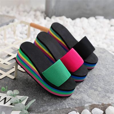 Regenbogen Fischgrätenmuster High-Heel Damen Flip Flops - Sommer Strand Sandalen