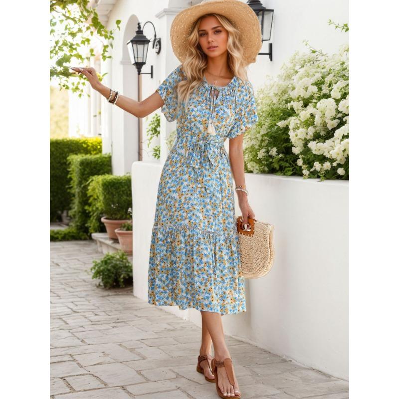 

Модное летнее платье с принтом, с коротким рукавом, повседневное, женское, на шнуровке, с оборками, свободное, повседневное, цветочное, А-силуэта, для вечеринки, женское, праздничное, с круглым вырезом, простая одежда XL синий