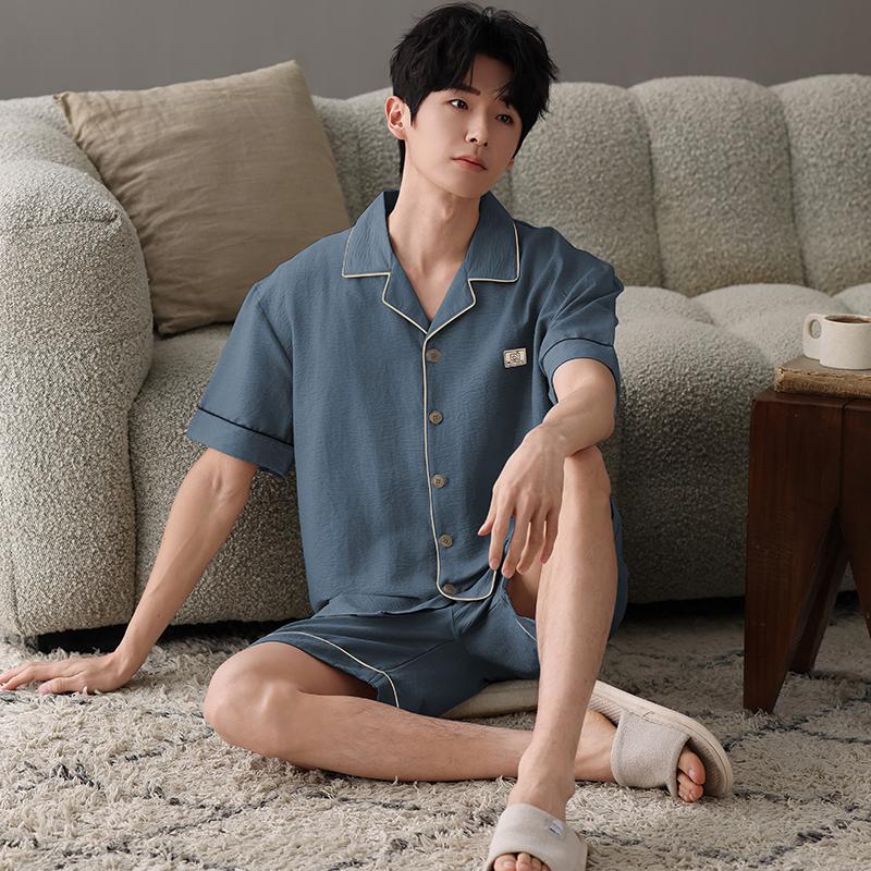 Neuer Sommer dünner Baumwolle Herren Pyjama Set kurzärmliger Cardigan einfarbig Herren Pijama Hauskleidung Oberteile und Shorts 2-teilig/Set Nachtwäsche