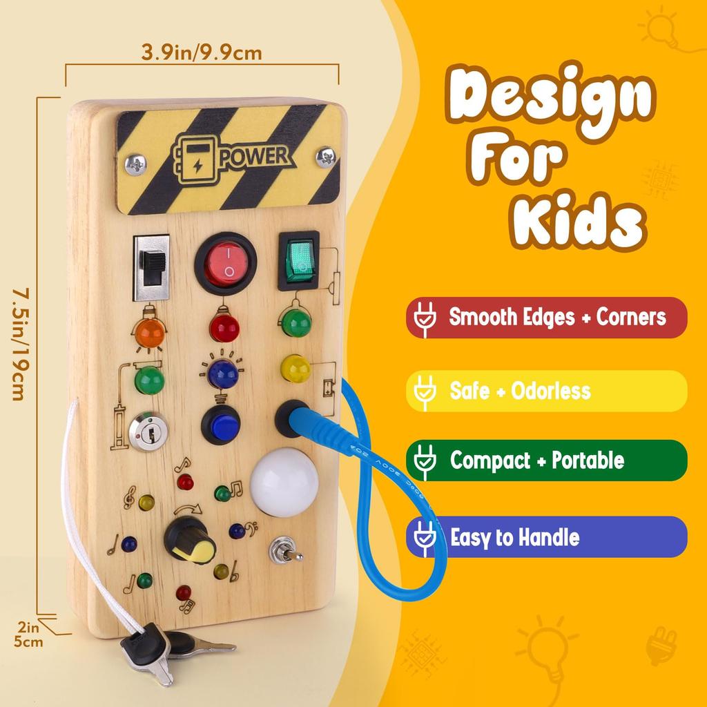 Montessori Busy Board Wooden with 8 LED Light Switches Sensory Toys Travel Toys for Babies and Toddlers Ages Toddler/Baby 1+
