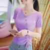 Women's Ice Silk V-neck Tie-Up Short-Sleeve Knitted Top, 2025 Summer Slim-Fit Button Pullover
