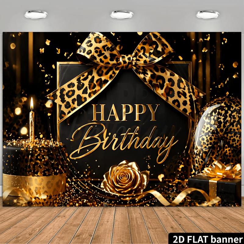 2D flat birthday party banner background black and gold leopard print happy birthday theme including leopard bow knots