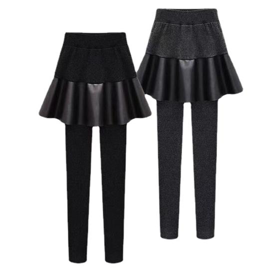 Damen Leggings Rock Elastischer Hoher Bund Verdicktes Plüschfutter Enganliegend Kunstleder Culottes Fake Zweiteiler Warm Vielseitige Culottes