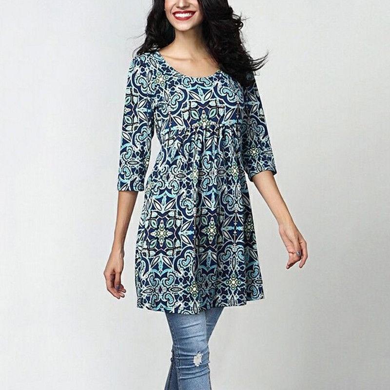 Elegantes Plus Size Damen Druck Langarm Mini Kleid T-Shirt Tunika Herbst S-5XL