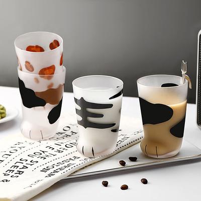 Copo de Vidro com Desenho de Animal 300ML Criativo Fofo Desenho Animado Patinha de Gato Garrafa de Água Copo para Beber Suco de Leite Fosco Bebida Fria Caneca de Café