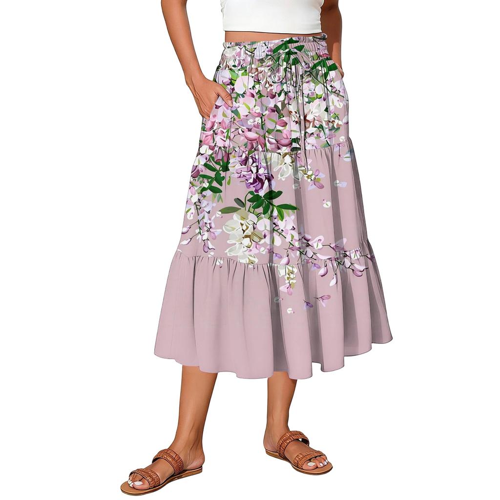 Womens Maxi Skirt Drawstring High Waisted Summer Long Skirts Lightweight Tiered Flowy Floral Pleated Skirts
