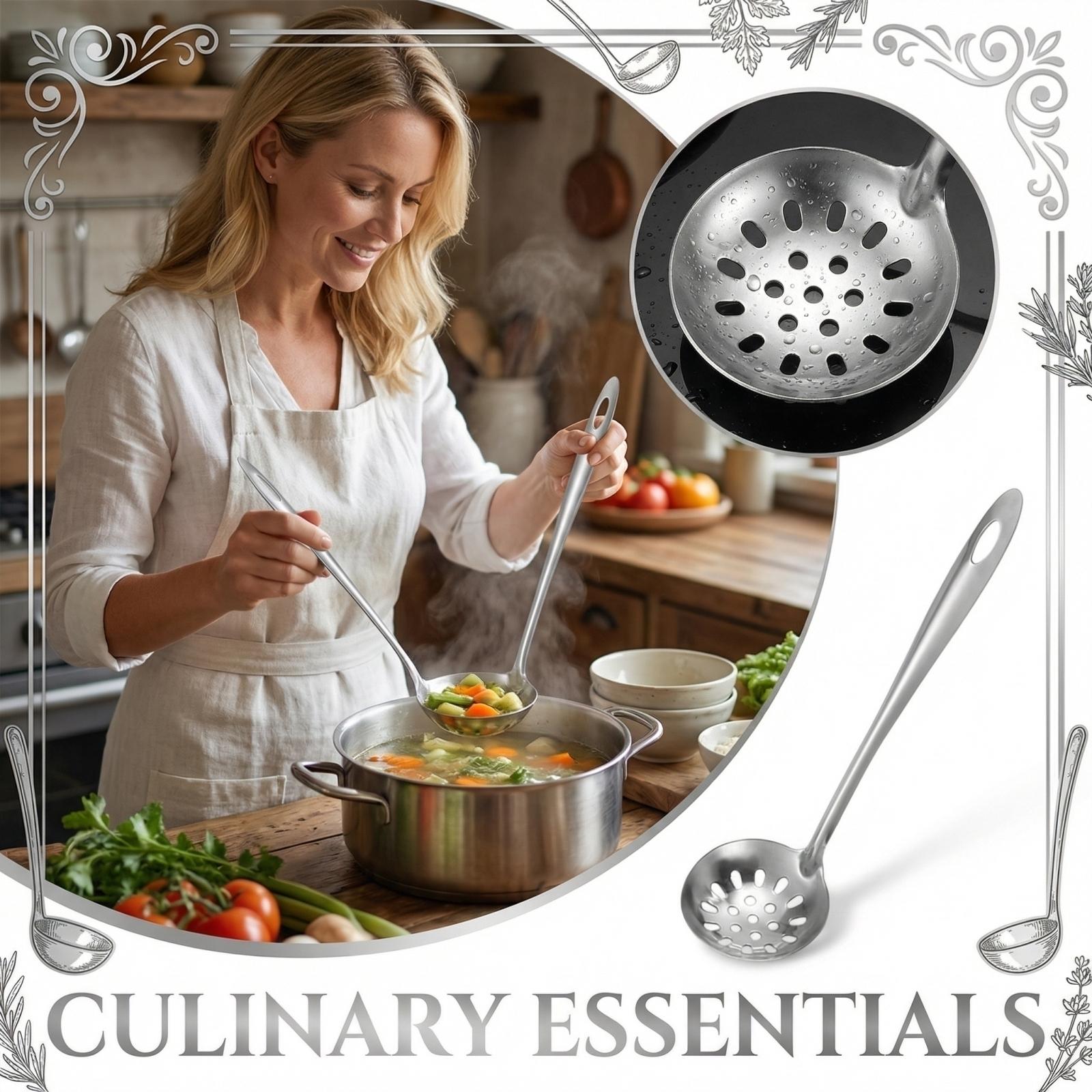 

Home Stainless Steel Creative Round Headed Soup Spoon Leaky Spoon Long Handled Spoon One Size