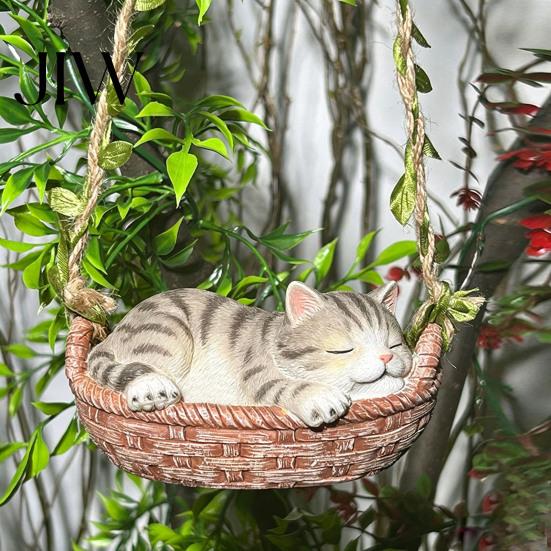 Realistic Sleeping Cat Figure Hanging Basket Statue, Cute Kitten Figurine, Lifelike Figurine for Trees Resin Ornament Outdoor Garden Patio Porch