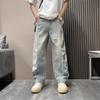 Summer ripped jeans solid color scimitar straight-leg pants men's loose retro wide-leg pants washed jeans