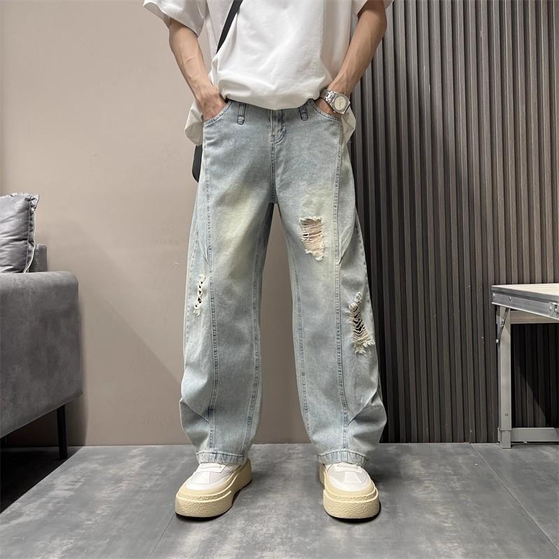 Summer ripped jeans solid color scimitar straight-leg pants men's loose retro wide-leg pants washed jeans
