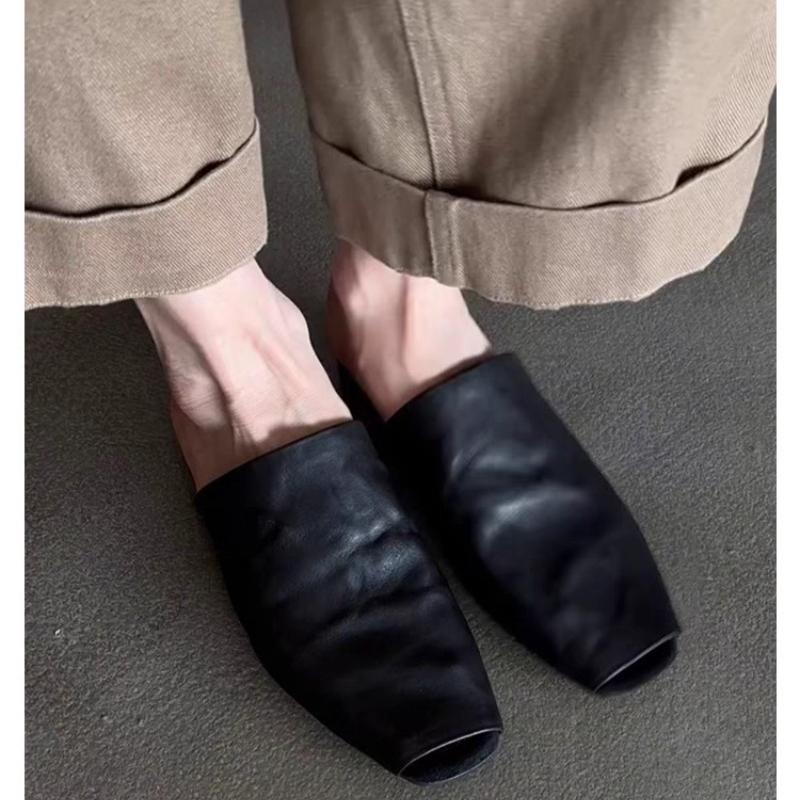 Women's Mules Outer Wear Woman Square Closed Toe Slippers Cowhide Lazier Flats Genuine Leather Simple Style Soft Mule Flat Shoes