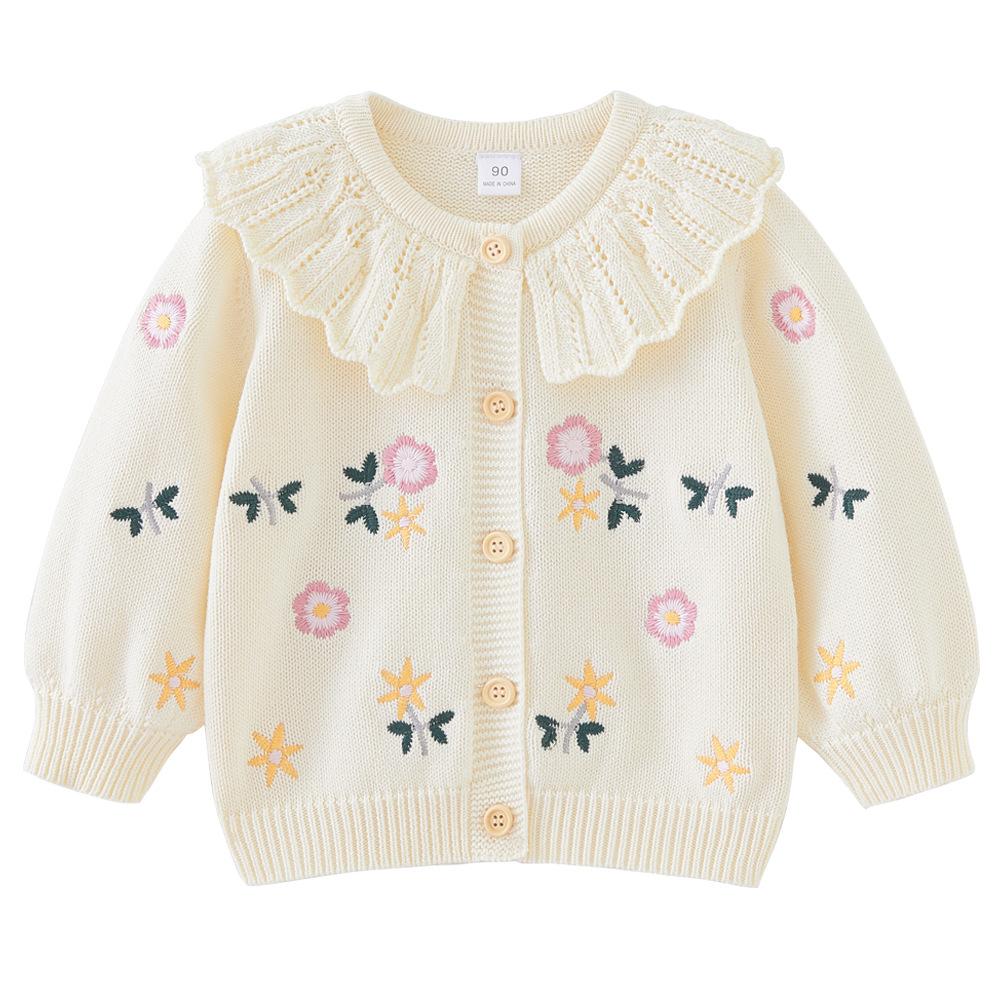Korean Style Spring and Autumn Lapel Knitted Cardigan for Small and Medium-sized Children, Girls, Embroidery, Children's Sweater Jacket