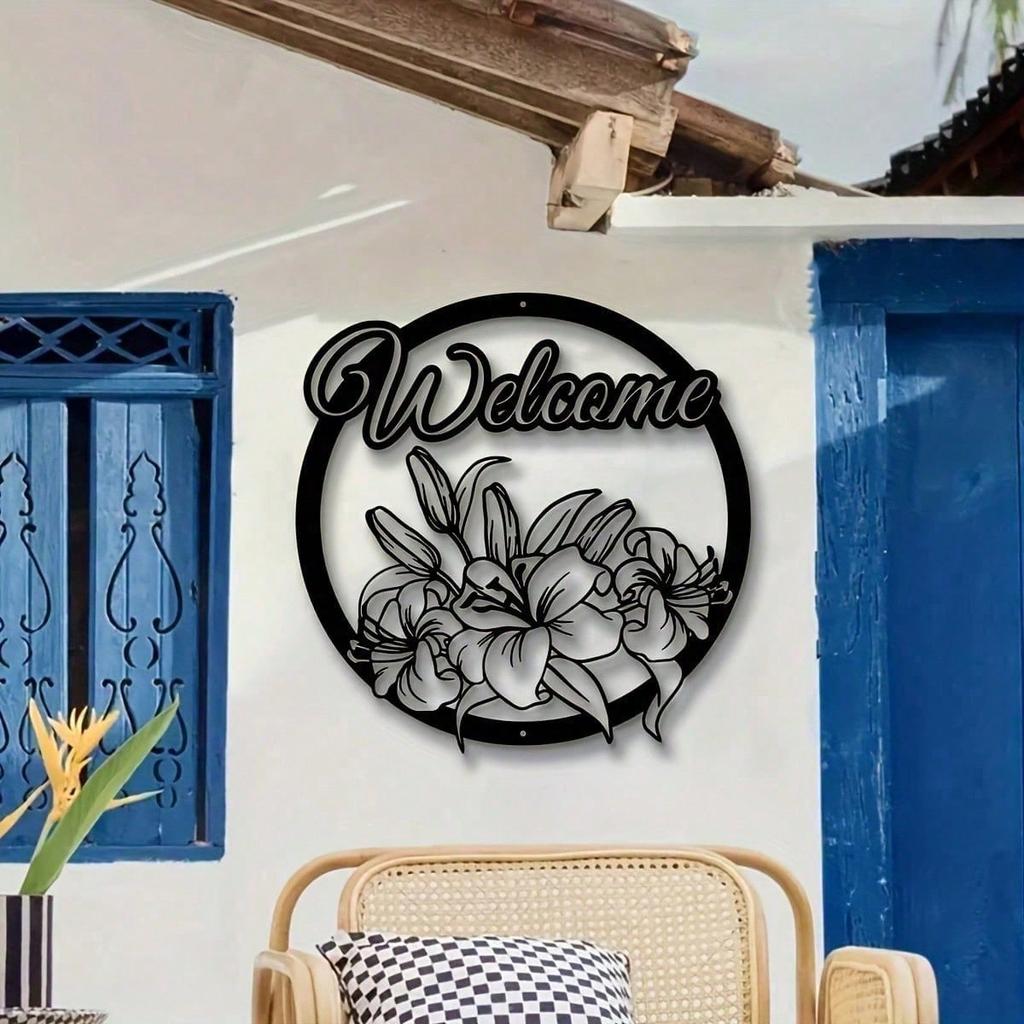 Bohemian Metal Welcome Sign Wrought Iron Floral Wall Art for Garden Patio Home Decor